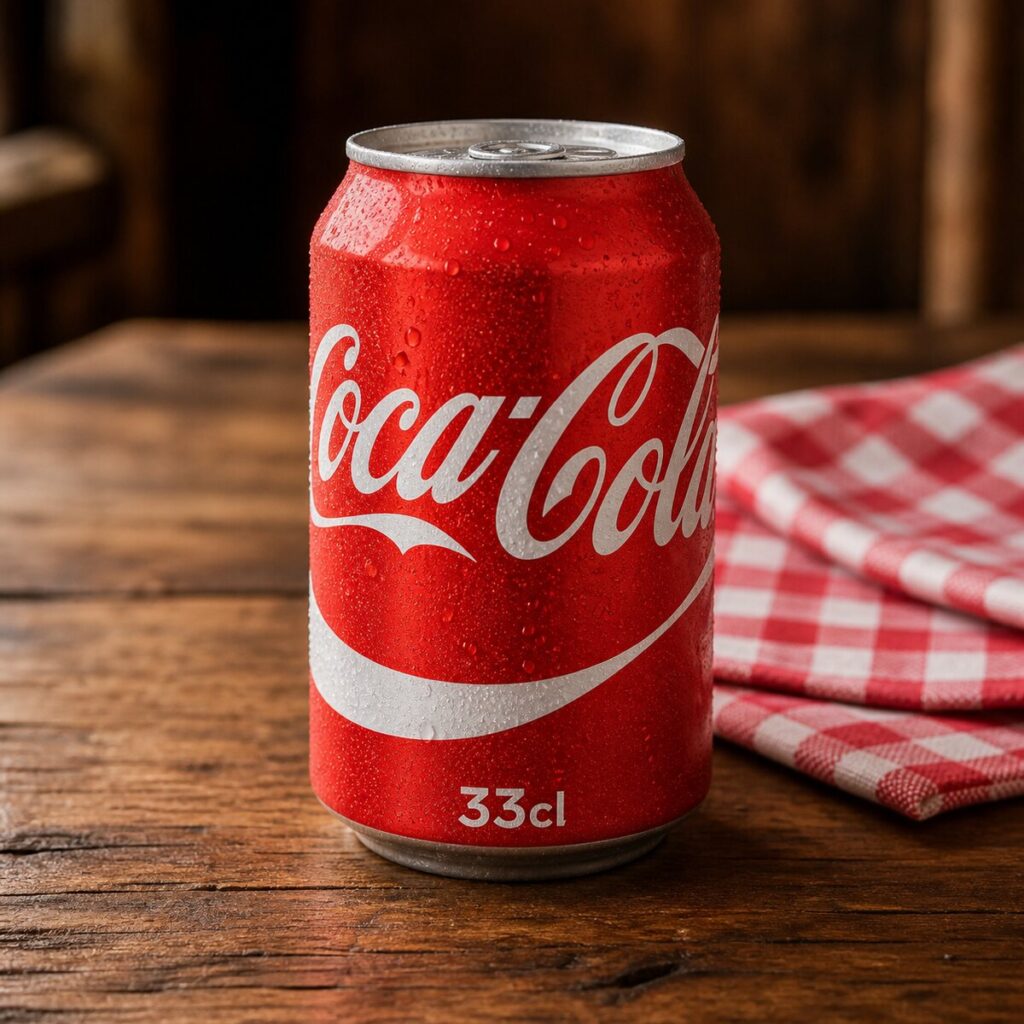 Canette Coca-Cola 33cl fraîche sur table en bois