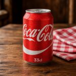 Canette Coca-Cola 33cl fraîche sur table en bois