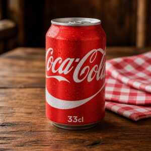 Canette Coca-Cola 33cl fraîche sur table en bois