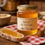 Pot de Miel de Savoie sur table en bois avec nappe rouge et blanche et tartine au miel