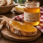 Tartine généreuse au miel de Savoie avec pot de miel sur table en bois