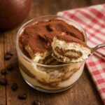 Cuillère de tiramisu maison avec crème mascarpone et cacao